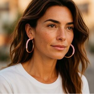 Mod on Trend Gold and Pink Beaded Hoop Earrings